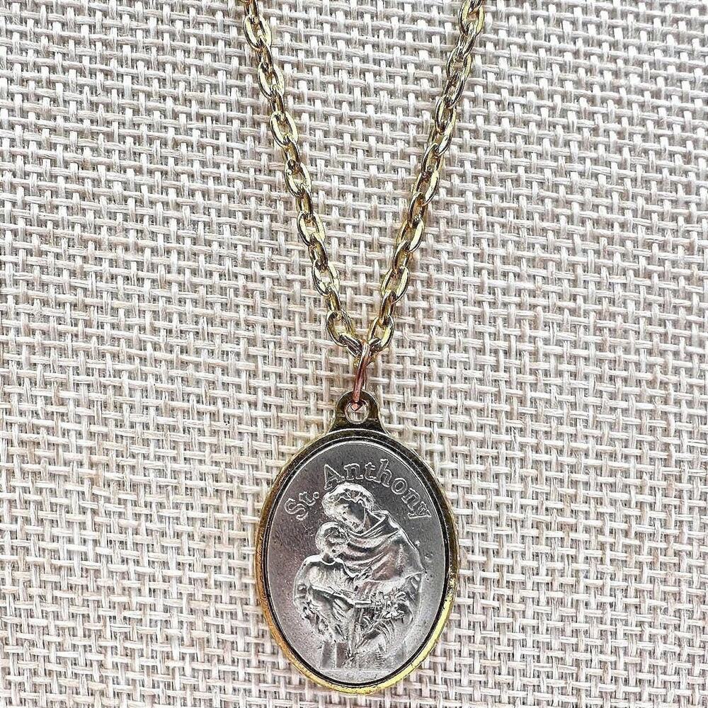 Vintage 80s Gold Tone St Anthony Medal Pendant Necklace Silver Tone Jewelry Y2K